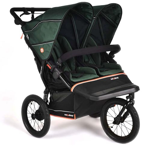 Out'n'About Nipper Double Pushchair V6+ Model & Rain Cover | Certified Running Buggy, Lightweight All-Terrain One-Hand Fold Twin Double Pram with Suspension, 14” Air-Filled Wheels (Sycamore Green)