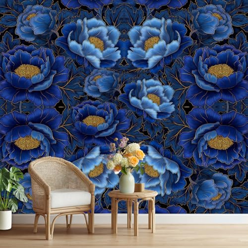 Vintage Blumenmotiv Fototapete Wohnzimmer Blau Pfingstrose Küchentapete Abwaschbar Selbstklebende Tapete Chinoiserie Floral Vliestapete Schlafzimmer Kinderzimmer Möbelfolie Wasserfest 370x250 cm