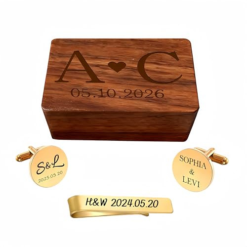 Personalisierte Manschettenknöpfe Krawattennadel für Herren Mit Foto Initialen Namen Datum in Gravur Geschenk in Holzbox für Trauzeugen Vater Bräutigam Freunde