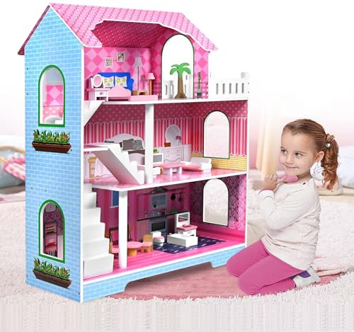 ACXIN DIY Puppenhaus Puppenhaus Holz Dollhouse mit Möbel und Zubehör Barbie Haus Große Spielset Barbie Spielzeug für Mädchen und Jungen Playmobil Puppenhaus Haus Puppenvilla