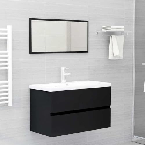 Holamys Ensemble de 2 meubles de salle de bain en bois noir 80 cm, meuble de rangement sous lavabo avec tiroir, miroir, espace de rangement