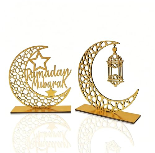 2 Pcs Ramadan Mubarak Table Decorations, Wooden Eid Mubarak Ramadan Decorations for Home, Star Moon Lanterns Castles Tabletop Sign, Eid Party Ornements for Islamic Muslim Al-Fitr Party Supplies