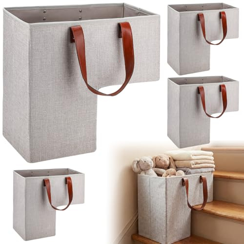 Gisafai 4 Pack Stair Baskets with Handles, 16 L x 10 W x 16 H Foldable Staircase Basket for Carpeted & Wooden Stair, Stairstep Storage Organizer for Home Office Clothes Books Tools