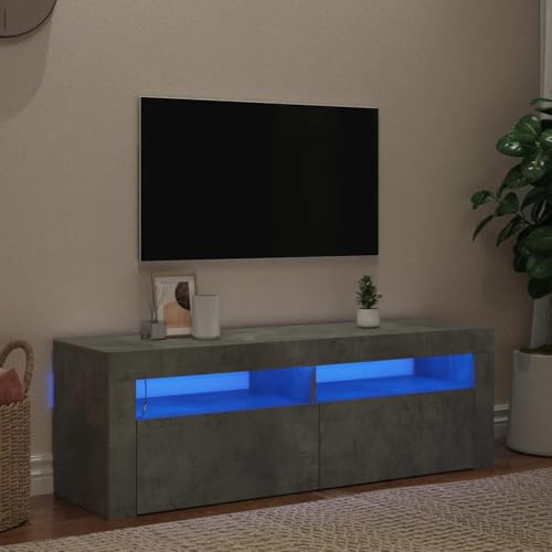 Meuble TV Moderne avec Éclairage LED RGB, Meuble Télé Gris Béton 120 cm, Rangement pour Console de Jeu, Lecteur DVD et Appareils, Design Tendence pour Salon et Salle de Jeu, Facile à Nettoyer