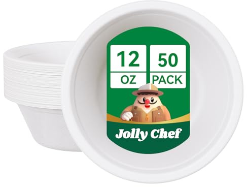 JOLLY CHEF 12 oz 50 Pack Disposable Compostable Bagasse Bowls Paper Bowl | Biodegradable Eco-Friendly Sugarcane Bowls, Microwavable, Strong Soup Containers Heavy-Duty for Hot & Cold Food Milk & Salad