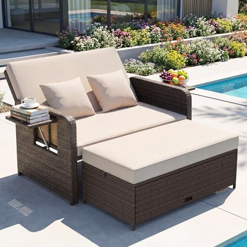 GIANTEX Lounge Möbel Outdoor, Rattan Gartenlounge Set mit Hocker, Gartensofa mit Liegefunktion, Balkon Lounge Set, Doppelliege Outdoor Sofa, Balkonmöbel Sonneninsel Loungebett mit stauraum