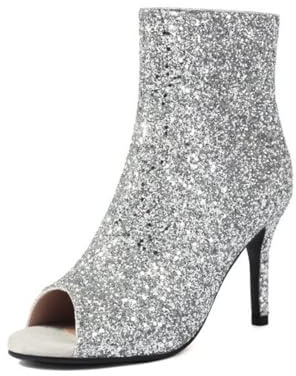 Genérico Botines Stiletto de Brillo para Mujer Punta Abierta Tacón de Aguja Alto Parte Superior Brillante Cremallera Trasera Zapatos Fiesta Novia Boda,Plata,38 EU