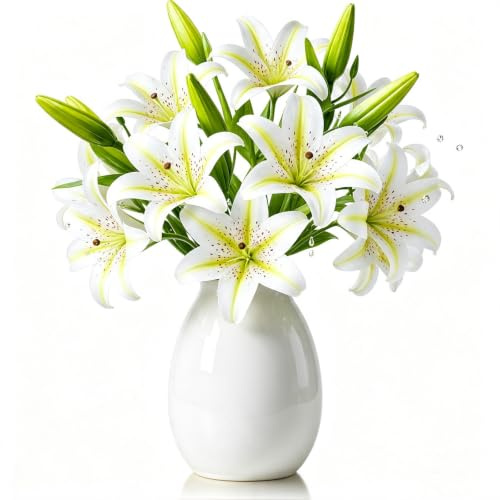 6PCS White Artificial Lilies Set, Short Stem Fake Lily Flowers for Decor | 12 Blooming Lilies Flower Heads, 6 Buds, Realistic Artificial Flowers, For Wedding Home Office Flower Arrangement Decorations