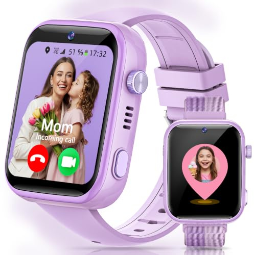 AIMIUVEI 4G Reloj Inteligente Niño con Llamadas, Videollamadas, Chat de Voz, WiFi, GPS, SOS, SMS, Impermeable IP68, Modo Escuela y Podómetro, Smartwatch Niños con Pantalla HD 1.83'' Púrpura