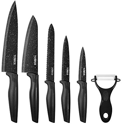 Tower T81522B Essentials Kitchen Knife Set, Stone-Coated with Stainless Steel Blades, Black, 6-Piece, 9 cm