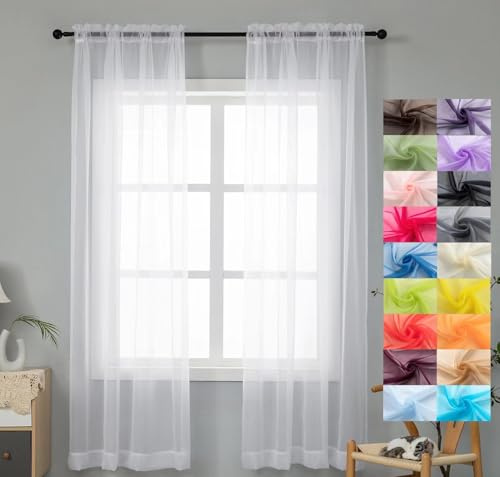 WPM White Sheer Curtains 58 Wide x 84 Long 2 Panels Livingroom Window Treatment Rod Pocket Sheer Voile for Bedroom, Kitchen, Childrens Room Fully Stitched and Hemmed