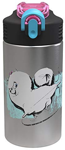 Zak Designs The Secret Life of Pets 2 - Botella de agua de acero inoxidable con tapa de acción de operación con una mano y lazo de transporte integrado, botella de agua con popote es perfecta para