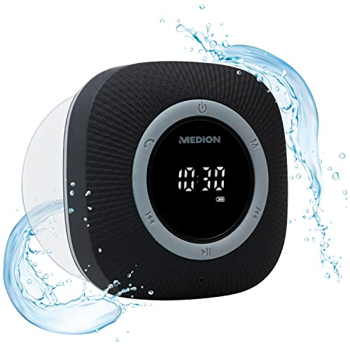 MEDION P66096 Duschradio mit Bluetooth (Badradio, UKW Radio, Saugnapf, LED-Display, IPX6 Wasserdicht, integrierter Akku) schwarz