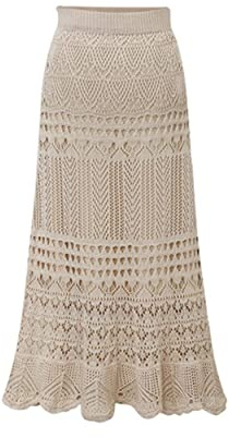 chouyatou Women's Stretched High Waist Crochet Hollow Out Knit Flowy Patterned Lace Maxi Skirt (Large, Beige)
