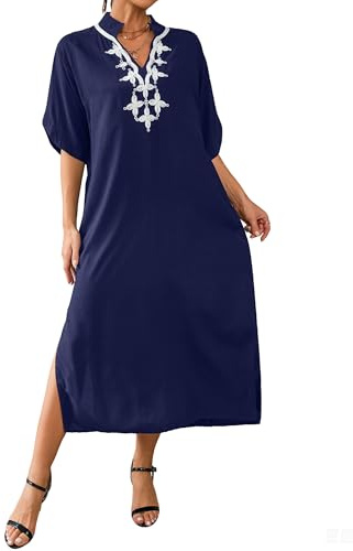 Bsubseach Damen Stickerei Kurzarm Bikini Strandkleid Side Split Beach Kaftan Kleid