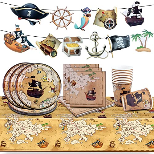 Piraten Partygeschirr, Piraten Geburtstag Deko, Pirat Kindergeburtstag Party Deko, Piraten Partygeschirr Set mit Teller Becher Servietten Tischdecke 10 Gäste