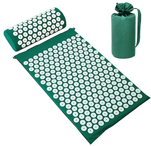BULZEU Akupressurmatte mit Kissen, Akupressur Set gegen Nacken und Rückenschmerzen, Akupunkturmatte Acupressure Mat Massagematte zur Wohltuenden Entspannung und Massage (Dunkelgrün)