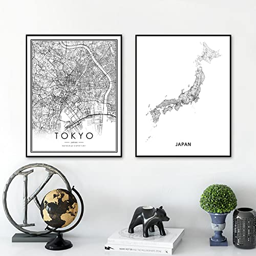 Japan TOKYO Stadskarta affischer och tryck Svart Vit Moderna Minimalistiska Väggbilder Dukmålning Hemkontorsdekor 15,7”x 23,6”(40x60cm) x2 Ingen ram