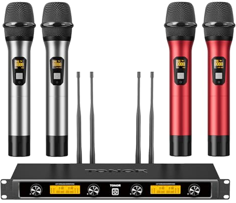 TONOR Funkmikrofon Kabellos Set mit Empfänger und 4x5 Kanälen Metall Microphone drahtlos,4 Antennen für 90m Reichweite mit verstellbarem Frequenz für Singing Kirche Show, Silber & Rot