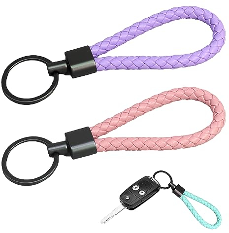 Silars Schlüsselanhänger Leder, 2 Stücke Autoschlüsselanhänger Geflochtene Schlüsselanhänger Stoff, Schlüsselband Kurz für Damen und Herren, Auto, Zuhause, Büro (Rosa + Lila)