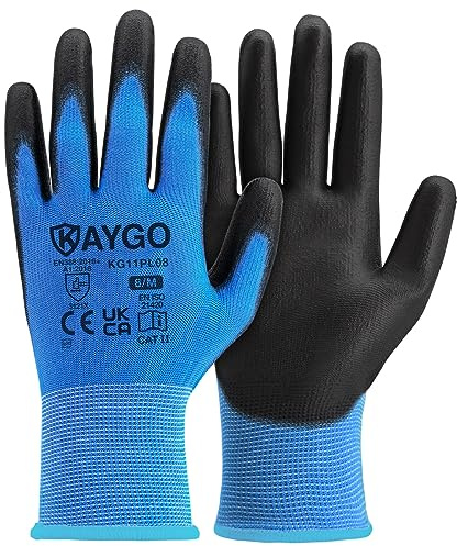 KAYGO PU beschichtet Arbeitshandschuhe für Herren Damen 12 Paar, KG11PL | Schutzhandschuhe, antirutsch Grip an Handflächen und Fingern, Geeignet für Lager DIY Gartenarbeit (Blau, M, Gr 8)