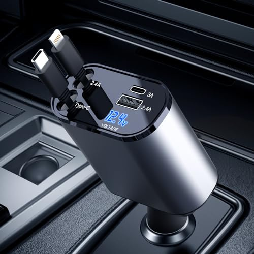 AmazeFan Einziehbares Auto Ladegerät, 60W Handy Schnellladegerät, 12V USB zigarettenanzünder Adapter mit iPhone und Typ-C Kabel, Kfz Ladegerät USB C Kompatibel mit iPhone/Galaxy/Pixel/Google/Huawei