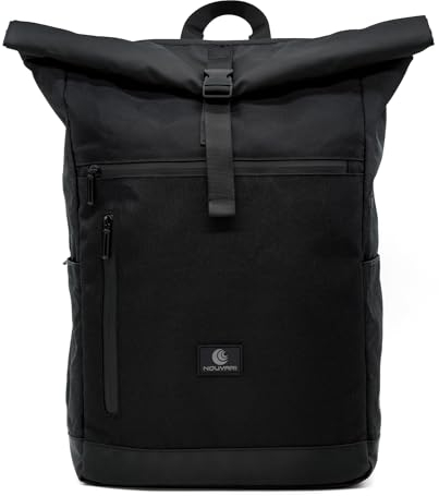 Nouvari Rolltop Rucksack Damen und Herren Schwarz Wasserabweisender Tagesrucksack mit 17 Laptopfach für Uni Arbeit Freizeit Reiserucksack Groß Wanderrucksack 30l Fahrradrucksack