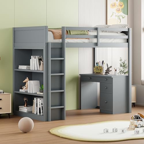 Merax Hochbett 90x200cm, Holz Kinderbett mit Schreibtisch & Schubladen, multifunktionales Etagenbett mit Regal, für Jungen, Mädchen, Grau (Ohne Matratze)