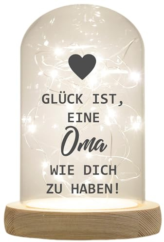 WB wohn trends LED-Glaskuppel, Glück ist eine Oma wie Dich zu haben, 16,5x11cm, Glasglocke mit LED-Licht und Holz-Fuß LED-Laterne LED-Lampe mit Text Spruch