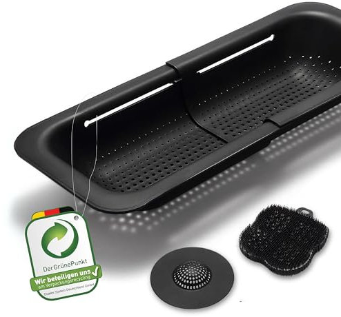 Black Sweden Home - Scolapasta da Lavello Nero - Colino Estensibile con Spugna Silicone e Filtro Scarico - 3 Pezzi - Accessori Lavello Cucina - Cestello Lavandino Cucina