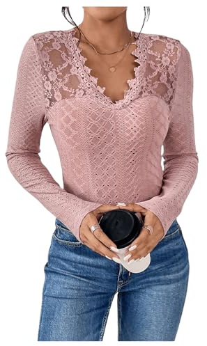 GORGLITTER Damen Elegant Oberteile Langarm Blusenshirt mit Spitze Stickerei Blusentop Casual Oberteil mit V Ausschnitt Spitzenshirt Grau-Rosa L