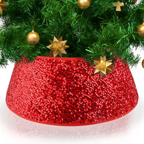 Glitter Sequin Tree Skirt & Collar - Shiny Sparkle Xmas Tree Stand Base Cover for Christmas Decorations (Red)