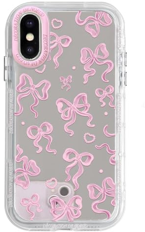 NITITOP Skal för iPhone X/XS Sött Rosettmönster Hjärtmönster Spegel Mirror för Kvinnor Tjejer Glänsande Chockskydd Stötsäker Skyddande Telefon Fodral - Rosa