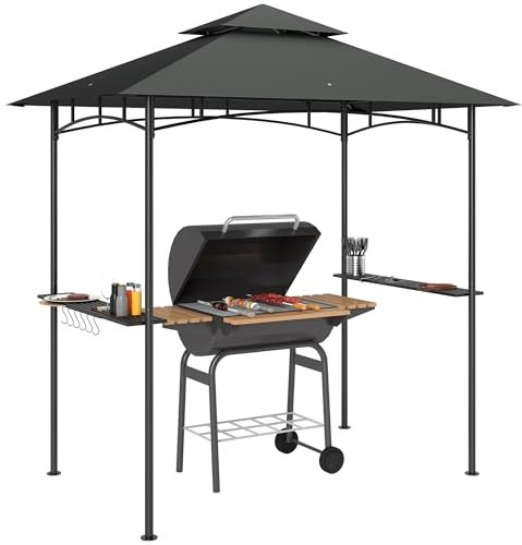 Outsunny gazebo BBQ con LED 240 x 150 x 258 cm gazebo da giardino idrorepellente ignifugo con tetto a doppio strato, rastrelliere laterali, gazebo con protezione UV, gazebo BBQ per party BBQ grigio