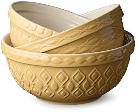 Vintage Farm Stoneware Mixing Bowl Set, 3-Piece, Includes 2 Qt, 3 Qt & 4.25 Qt Bowls, Embossed Patterns in Golden-Honey Finish, Durable & Nesting Design, Perfect for Mixing, Baking & Serving