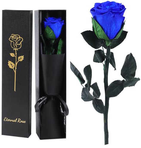 FRFG Rosa Eterna, Rosa Natural Preservada con Tallo Regalos para Mujer, Regalo de Cumpleaños de Aniversario Dia de la Madre Dia de San Valentín para Mamá Novia Mujeres (Azul)