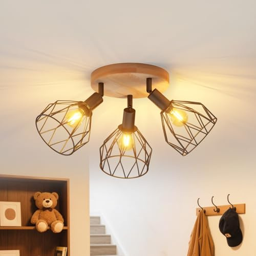 LVWIT Plafonnier 3 Spots LED E14, Luminaires Intérieur Noir, Plafonnier Bois avec Base Round, Applique Murale Chambre, Lustre Salon(Sans Ampoules)