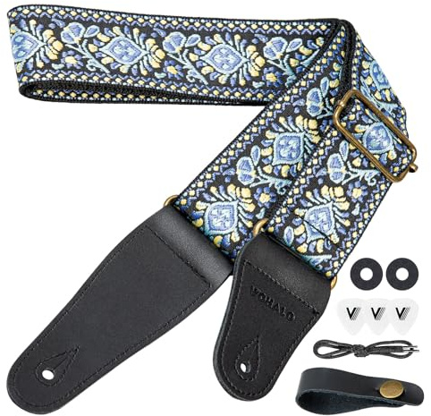 VOHALO Guitar Strap Extra-Padded Comfort for Acoustic, Electric Guitars Adjustable Length 40-60inch, Includes Picks and Accessories (Cotton Blue)
