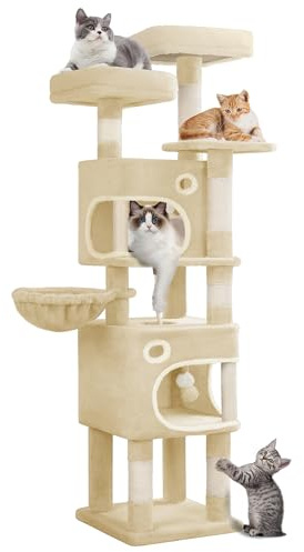 Hzuaneri Kratzbaum, 159 cm Katzenbaum mit 8 Kratzsäulen, Beige | mit 3 Plattformen, 2 Höhlen, Korb, Plüschbälle, Sisalseil, Geeignet für Katzen Verschiedener Größen, MS15918YL