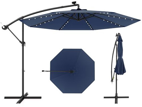 COSTWAY Sonnenschirm 300 cm, Ampelschirm mit 40 Solar-LED-Leuchten und Kurbel, Gartenschirm, Marktschirm, Terrassenschirm für Garten, Pool, Terrasse (Marineblau)