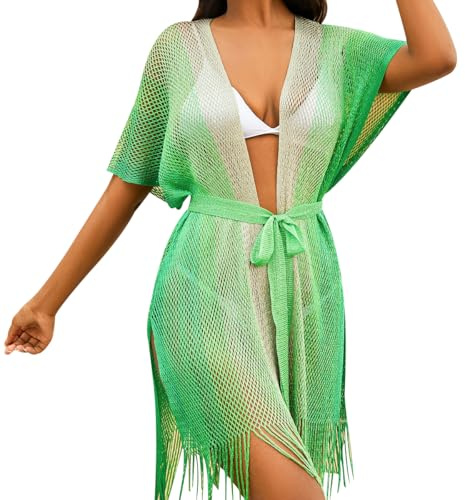 Cache Maillot Femme Kimono Plage Cardigan D'été Robe Tunique Cache-Maillot Crochet Bikini Cover Up en Maille Cache Maillot Frange Ouverte