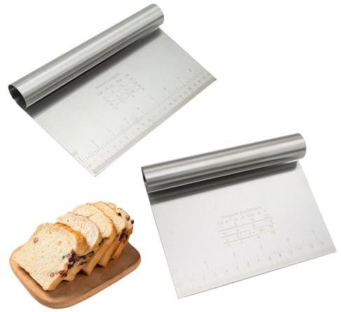 YIHAOH Pack of 2 Stainless Steel Dough Scrapers with Graduated Dough Card, Multifunctional Dough Scraper for Kitchen, Baking, Pizza, Bread, Cake, Dough, Biscuits, Pasta, Filling, Easy to Clean