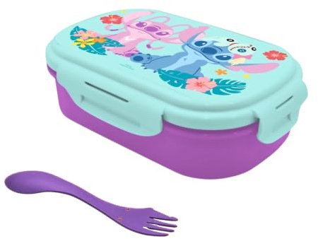 Disney Stitch y Angel Kit de Almuerzo, Porta Alimentos Infantil para Colegio, Incluye Fiambrera Sandwichera y Cubierto Tenedor, Porta Merienda Reutilizable para Niñas