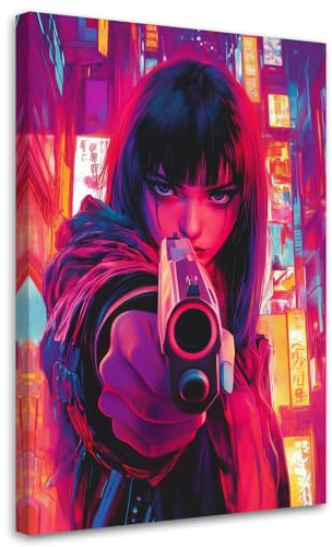 Feeby Leinwandbild - Bilder Wohnzimmer - Frau mit Pistole Cyberpunk - 40x60 1tlg - Deko Schlafzimmer - Wanddekoration - Aesthetic - Groß Moderne Bild - Foto auf Leinwand