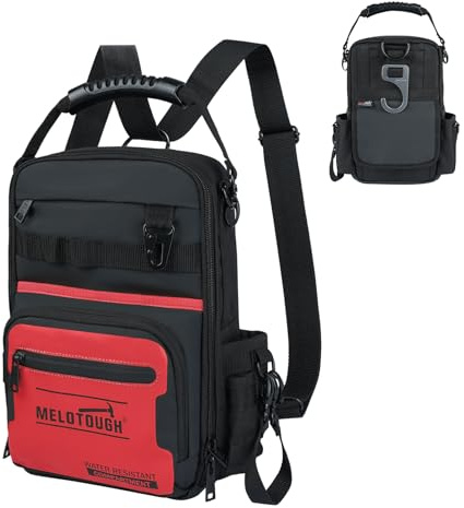 MELOTOUGH Small Tool Backpack for Men 30 Multi-Storage Pockets Heavy Duty Tool Bag Backpack with Dual-Form Shoulder Strap for Electrician, HVAC, Technician - Water Resistant (Red)