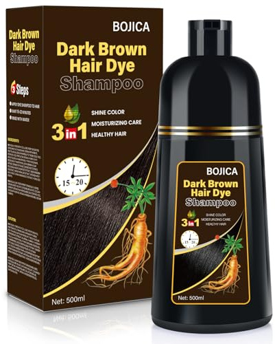 BOJICA Dark Brown Hair Dye Shampoo for Grey Hair Coverage, 3 in 1 Color Shampoo Ingredients Semi-Permanent for Women & Men - 500 ML