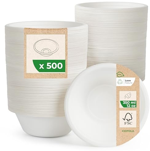 Love Nature Ciotole Usa e Getta di Polpa Canna di Zucchero 350 ml - 500 Pezzi di Ciotole Monouso Ecologico - Stoviglie Usa e Getta