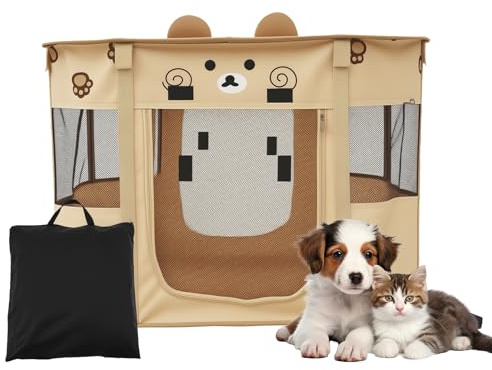 Welpenauslauf,80×60×55 cm,Laufstall Hund für den Innen und Außenbereich,Wasserdicht Oxford-Tuch Welpenlaufstall Faltbar,Tierlaufstall mit Tragetasche für Hunde,Katzen,Hasen und Kleintiere (Braun)