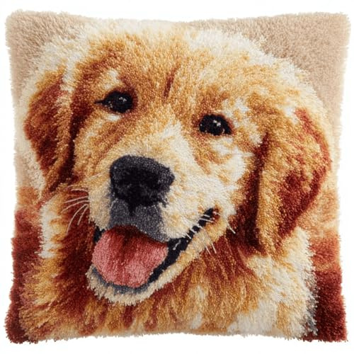 ANSIWEIGO DIY Tierhund Knüpfkissen Zum Selber Knüpfen Set,Golden Retriever Latch Hook Kit Handgemachte Geschenke Für Kinder Und Erwachsene,Heimdekoration,43x43cm