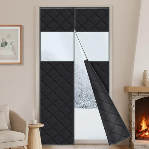 Magnet Türvorhang Kälteschutz 90x210cm, 420g/㎡ Wärmeschutzvorhang Türen Thermovorhang Selbstklebend mit Transparenter Fenster, Gegen Kälte und Hitzen für Innen Außen(Schwarz)